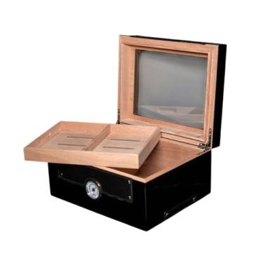 Imagem de Umidora Humidor Premium para Charutos, Preto com Acabamento em Madeira, Capacidade 100 Unidades, Higrômetro Analógico, Tampa de Vidro, 30 x 24 x 14,5 cm