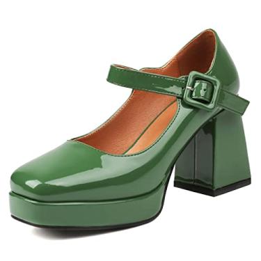 Imagem de Latasa Sapato feminino plataforma salto grosso, bico quadrado, salto bloco Mary Janes, Verde, 38