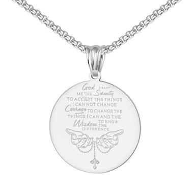 Imagem de UTHOSMDO Colar de oração da serenidade, corrente de aço inoxidável, pingente de escritura religiosa, aço inoxidável polido, medalhão redondo com design de cruz, 60cm, Aço inoxidável, Sem Pedra