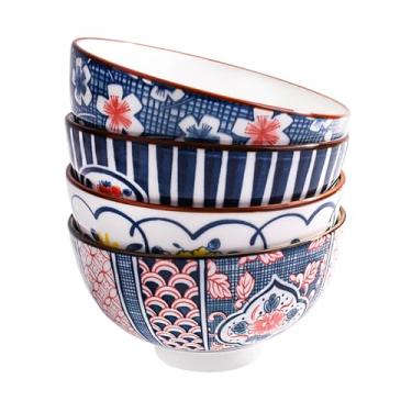 Imagem de Conjunto de 4 tigelas de arroz de cerâmica japonesa para molho de lanche de sushi, padrão floral azul e branco tradicional