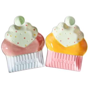 Imagem de LMRLCS Conjunto de pratos decorativos de cupcake de cerâmica, pratos de sobremesa pintados à mão com tigela de molho, pratos de pastelaria multicoloridos para café da manhã, bolo, bolinho (LF)