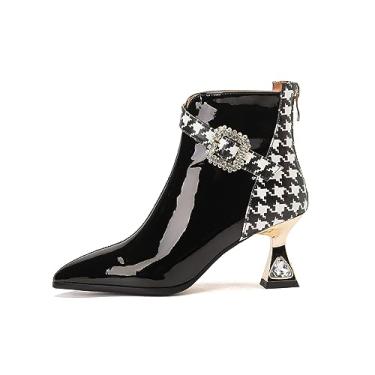 Imagem de TinaCus Bota feminina de couro envernizado feita à mão bico fino com strass salto médio cores mistas zíper até o tornozelo com fivela, Branco, 36