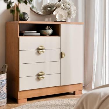 Imagem de Cômoda 4 Gavetas E 1 Porta Com Nicho - Puxador Dourado Multiuso Para Quarto Ou Sala(Off White/Canela)