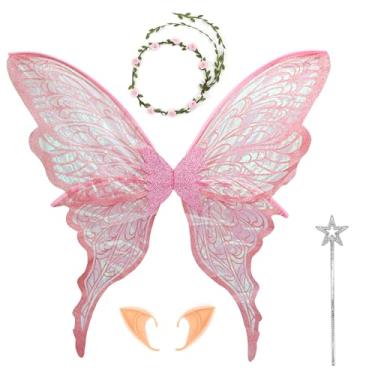 Imagem de FramePro Asas de fada rosa grandes para adultos, fantasia feminina com asas de borboleta de organza brilhante de 81 x 76 cm para mulheres, cosplay, festas e Halloween