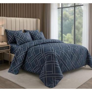 Imagem de Jogo de Lençol de Cama Casal Queen, 4 Peças, 100% Algodão, 2500 Fios, Estampado Importado (Azul Chevron)