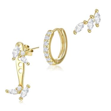 Imagem de FANZE Conjunto de 3 pares de brincos de argola para mulheres, corrente delicada, ouro, prata, conjunto de brincos para vários piercings hipoalergênicos, joias modernas, presente, Zircônia cúbica