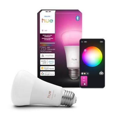 Imagem de Philips Hue Lâmpada LED inteligente A19, ambiente branco e colorido, base E26, 10,5 W, luz de espectro total 1000K-20000K, 1100 lúmens, regulável, funciona com Alexa, Google Assistant e Apple Home, 1