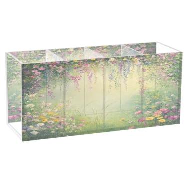 Imagem de SEHANY Porta-canetas de parede vintage de jardim para mesa, 4 compartimentos, porta-lápis de acrílico, organizador de pincéis de maquiagem, organizador de papelaria para escritório, casa