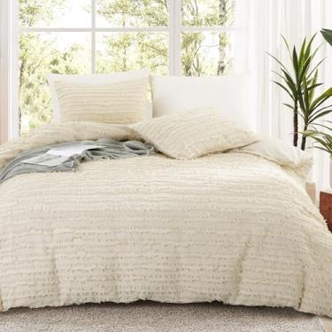 Imagem de HOMBYS Conjunto de capa de edredom listrado de linho texturizado, tamanho Queen/King, conjunto de cama de tecido de 3 peças para todas as estações, inclui 1 capa de edredom e 2 fronhas, Queen 228,6 cm