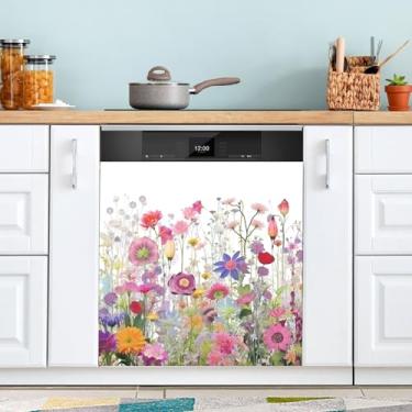 Imagem de ATTX Capa de ímã de lava-louças de flores coloridas, 58,4 cm C x 66 cm A decoração da capa da máquina de lavar louça, decalques de armário doméstico eletrodomésticos adesivos #58