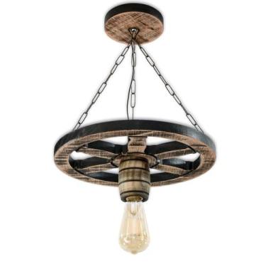 Imagem de Luminária Pendente Lustre Roda de Carroça em Madeira Maciça 33cm Rústi