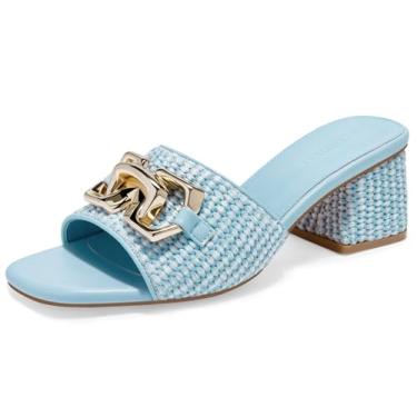 Imagem de Coutgo Sandálias femininas Raffia Slide Salto bloco bloco quadrado aberto corrente de metal slip on Mules sapatos elegantes, Azul-celeste, 36
