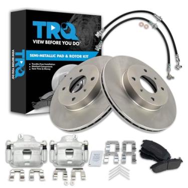 Imagem de TRQ Kit de pastilha de freio frontal e rotor Pinça de freio Mangueira de freio Pastilhas de freio Rotor de freio Semimetálico Compatível com Nissan Sentra 2002-2006