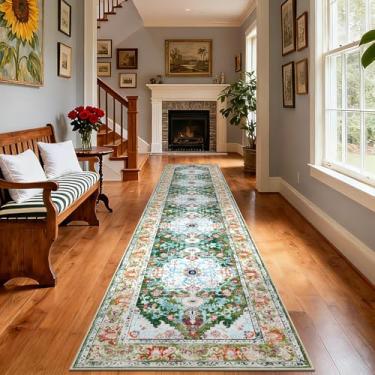 Imagem de U'Artlines Tapete de corredor boho de 9,5 x 40,6 cm, antiderrapante, lavável, vintage, para cozinha de fazenda, para entrada, lavanderia e sala de estar (verde)