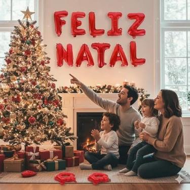 Imagem de Balões Metalizados Frase Feliz Natal, Kit Decorativo com 10 Letras, Soprador e Fita Inclusos, ideal para Decoração Natalina e Festas de Final de Ano (Vermelho)