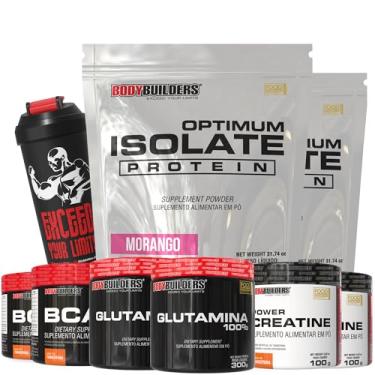 Imagem de Kit 2x Whey Optimum Isolate Morango 900g + 2x Bcaa 100g + 2x Creatina 100g + 2x Glutamina 300g + Coqueteleira - Bodybuilders