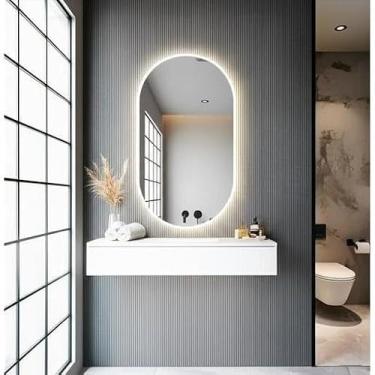 Imagem de Espelho Oval Grande com LED Sem Fio para Banheiro e Quarto Luz Quente e Fria Espelho Decorativo de Parede (LED QUENTE,40X50)