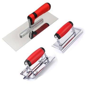 Imagem de O conjunto de 3 ferramentas de concreto de aço inoxidável inclui espátula de acabamento manual (28 cm x 10 cm), cortador de concreto (15 cm x 7,6 cm) e Groover (17,5 cm x 7,9 cm) kit de cimento de