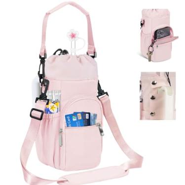 Imagem de HOMEYA Bolsa de transporte para garrafa de água com bolso para celular Stanley Cup 1,134 g com alça, bolsa de nylon para garrafa de água com cordão superior, alça ajustável para ombro e alça (rosa)