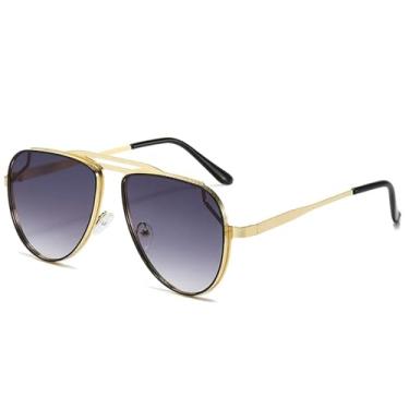 Imagem de Óculos de sol retrô clássico de metal com ponte dupla, feminino, espelhado, com gradiente UV400, masculino (gradiente cinza dourado)