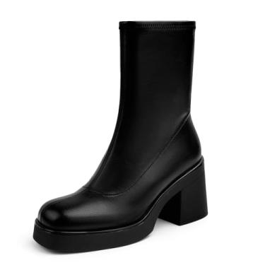 Imagem de Soesyi Bota feminina de cano médio com bico quadrado elástico na panturrilha e plataforma despojada de camurça com zíper e salto grosso, Preto, 40