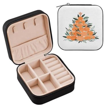 Imagem de Wassud Caixa de joias de viagem de árvore de Natal laranja para mulheres, meninas, senhoras, noiva, mini organizador de joias de couro PU, caixa quadrada de armazenamento de joias para brincos, anéis