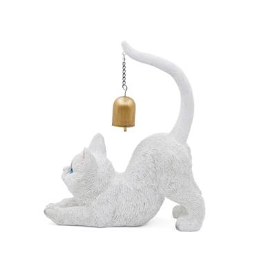 Imagem de Fenteer Estátua de gato com sino de vento, decoração de mesa, ornamento, estatueta de gatinho, escultura de animal para decoração de jardim externo, Branco