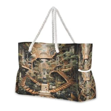 Imagem de Wassud Bolsa de praia Natureza Cidade Grande Bolsa de praia para mulheres, impermeável, à prova de areia, bolsa de viagem com zíper e bolso, piscina, academia, acampamento