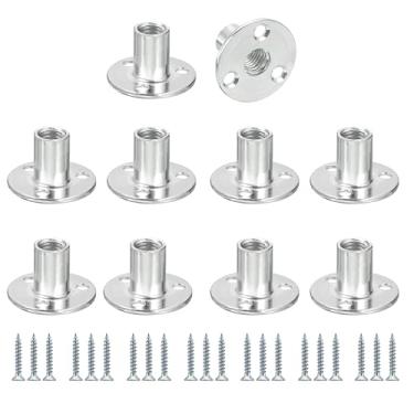 Imagem de M10 Brad Hole Tee Nut com parafusos (conjunto de 10), base redonda de aço carbono banhado a zinco porcas em T rosqueadas flange de hardware de móveis porcas de inserção de rosca fêmea para projeto DIY