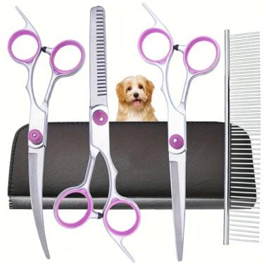 Imagem de Kit de tesoura 5 em 1 para cuidados com animais de estimação, tesouras de aço inoxidável retas curvadas e pente para uso em cães