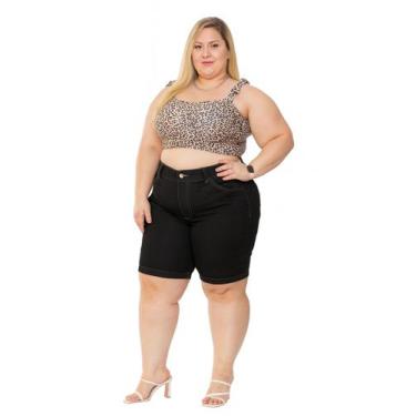 Imagem de Bermuda Sarja Básica Plus Size Feminina Cintura Alta Cor:PretoTamanho: