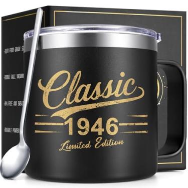 Imagem de Qtencas Presentes de aniversário de 80 anos para homens, caneca de café clássica com isolamento térmico de 1946 com tampa e canudo, ideias de presente de aniversário masculino para pai, irmão, avô