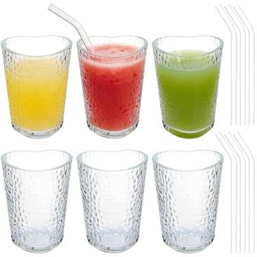 Imagem de Skylety 6 conjuntos de copos de vidro em forma de coração para dia dos namorados 142 g copo de vidro com nervuras com canudo caneca de café transparente xícaras de chá coração amor beber suco de leite