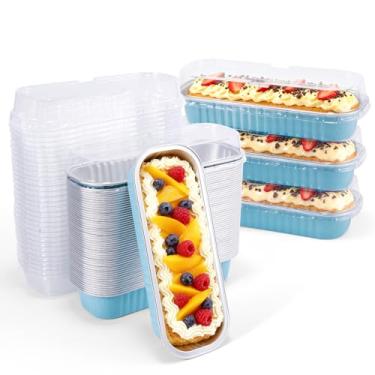 Imagem de TRUSBER Assadeiras de alumínio descartáveis com tampas, 50 pacotes de assadeiras de alumínio com tampa ramekins copo de cozimento de lata para pão, pão, bolos, antiaderente e à prova de gordura