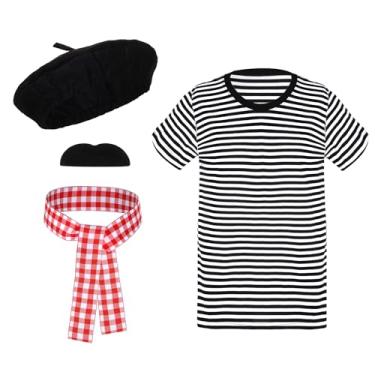 Imagem de baotongle Conjunto de fantasia de artista de mímica francesa para óculos de sol e cachecol suspensórios para festa temática de Halloween (preto e branco, médio)