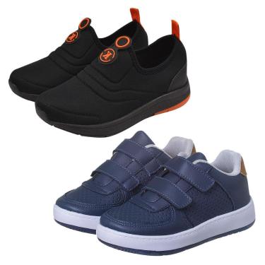 Imagem de Kit 2 Pares Tênis Infantil Menino Casual Marinho e Calce Facil Preto com Laranja Kidstep-Masculino