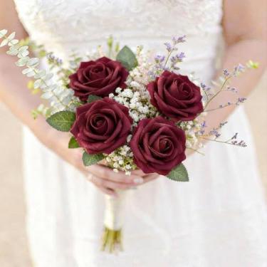 Imagem de 4 peças de rosas falsas de espuma de relíquia de flores artificiais de aparência real com hastes para buquês de casamento, decoração de casa rosa para chá de panela, arranjos florais, mesas de festa