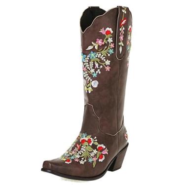 Imagem de Alsoloveu Botas femininas de caubói bordadas, botas de caubói ocidental, bico fino, salto grosso, sem fecho, vestido de casamento botas de cano médio, Marrom, 10