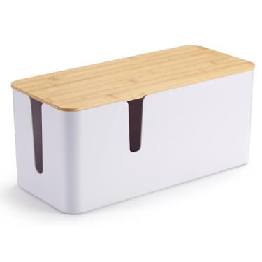 Imagem de ZhiYo Caixa de gerenciamento de cabos com tampa de bambu, 1 pacote, caixa de cabos branca média, organizador de fios para esconder protetor contra sobretensão, fios ocultos de mesa/TV/computador