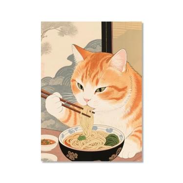Imagem de Arte de parede em tela de gato preto engraçado vintage japonês gato comendo ramen imagem única amante de gatos para decoração de parede de cozinha e sala de jantar (SKU4,40,6x50.8 cm = (40x50 cm), sem