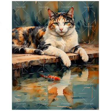 Imagem de TAOPAOLAB Kit de pintura de gato calico fofo por números para adultos - DIY relaxado gato chita por água com pintura de peixe Koi em tela 40,6 x 50,8 cm, conjunto de tinta acrílica para iniciantes