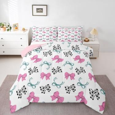 Imagem de Erosebridal Conjunto de edredom completo com laço rosa para meninas | Conjunto de cama com estampa de vaca verde rosa e verde, decoração de casa, 3 peças com 2 fronhas