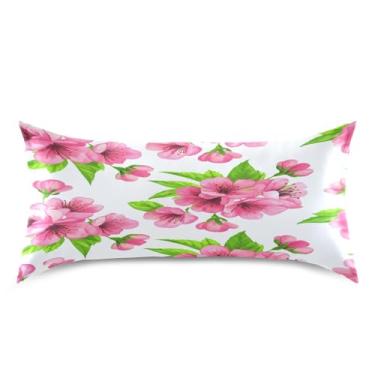 Imagem de Qilmy Fronha de cetim rosa flores frescas para cabelo e pele, capa de almofada de seda refrescante respirável macia com fecho de envelope, tamanho king size 50 x 101 cm