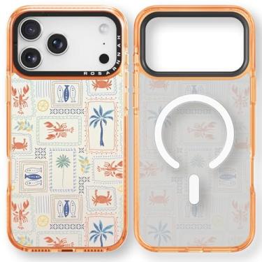 Imagem de Rosarnnah Capa para iPhone 17 Pro fofa - compatível com Magsafe - Capa de telefone à prova de choque com proteção contra quedas de grau militar de 2 m - Design de glifos marinhos (16,5 cm) laranja