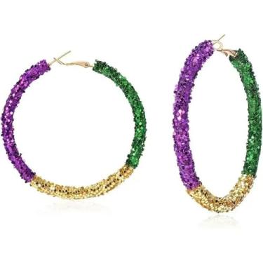 Imagem de Kokoma Brincos de argola de carnaval femininos de carnaval com glitter, roxo, amarelo, verde, brincos de carnaval, acessórios de joias modernas