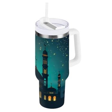 Imagem de ODAWA Copo de aço inoxidável com isolamento de azul-petróleo noturno com alça e palha, copo com isolamento grande