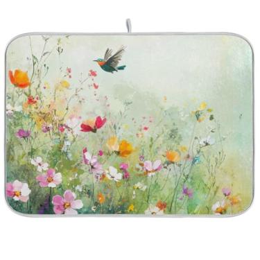 Imagem de Tapetes de secagem de louça, tapete de café verde prado floral microfibra tapete de secagem de cozinha para decoração de bancada de cozinha médio 40,6 x 45,7 cm