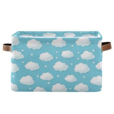 Imagem de Cestas de armazenamento dobráveis de lona – caixas de armário de tecido impermeável de 36 cm com alças para prateleiras, nuvens brancas, azul claro, 1 pacote