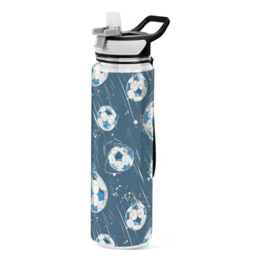 Imagem de ODAWA Garrafa de água esportiva transparente de 946 ml com canudo branco e azul com design de bolas de futebol Tritan leve