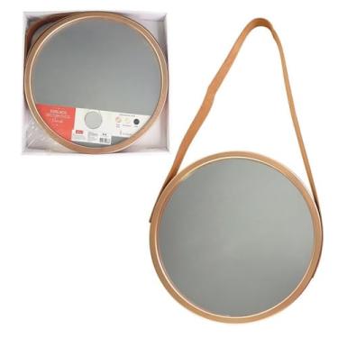 Imagem de Espelho Decorativo Redondo, Plástico e Vidro, Rose Gold, 33cm de Diâmetro, com Suporte de Parede, para Sala, Quarto e Banheiro